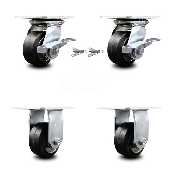 4 Inch Rubber on Aluminum Caster Brakes/Swivel Locks and 2 Rigid SCC, 2PK